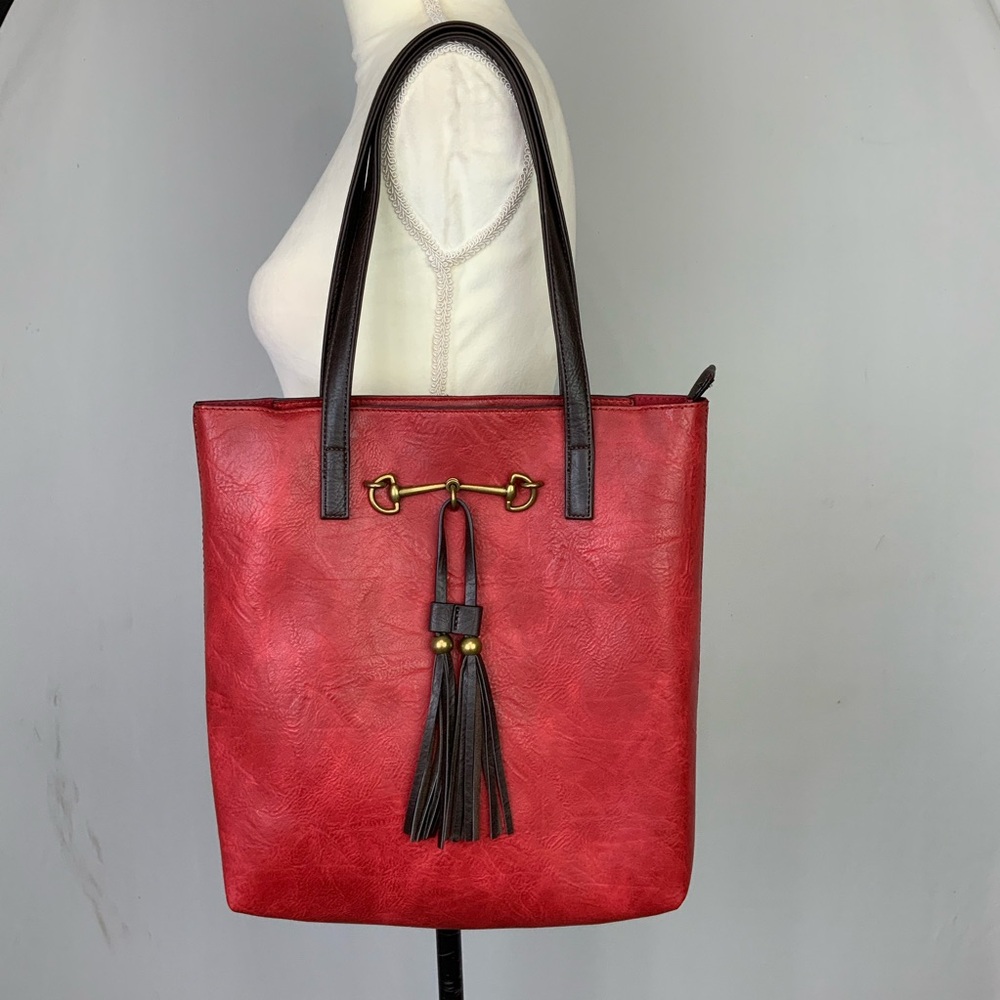 NEW Liz Soto Red Vegan Leather 2 In 1 Purse + Pouch Horsebit Tassel Tote Bag